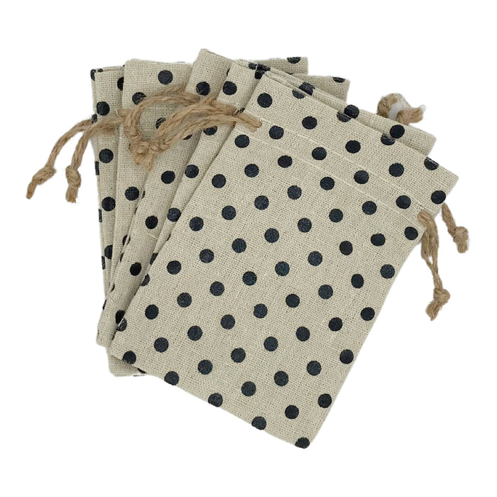 Linen Drawstring Bags - Black Polka Dots