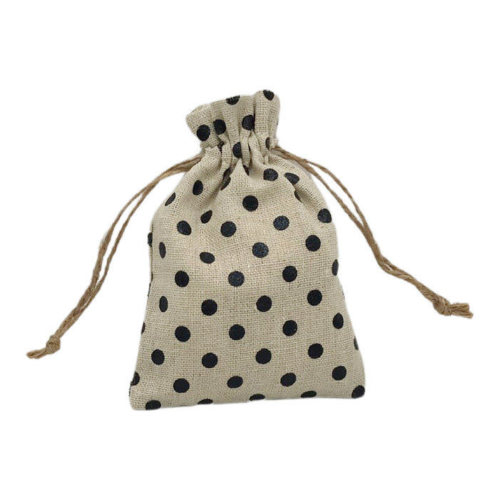 Linen Drawstring Bags - Black Polka Dots